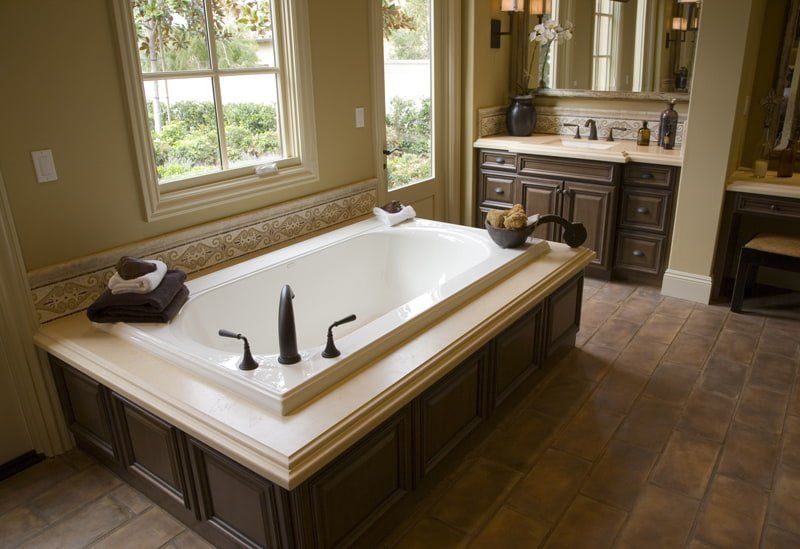 bath tub with wooden accents