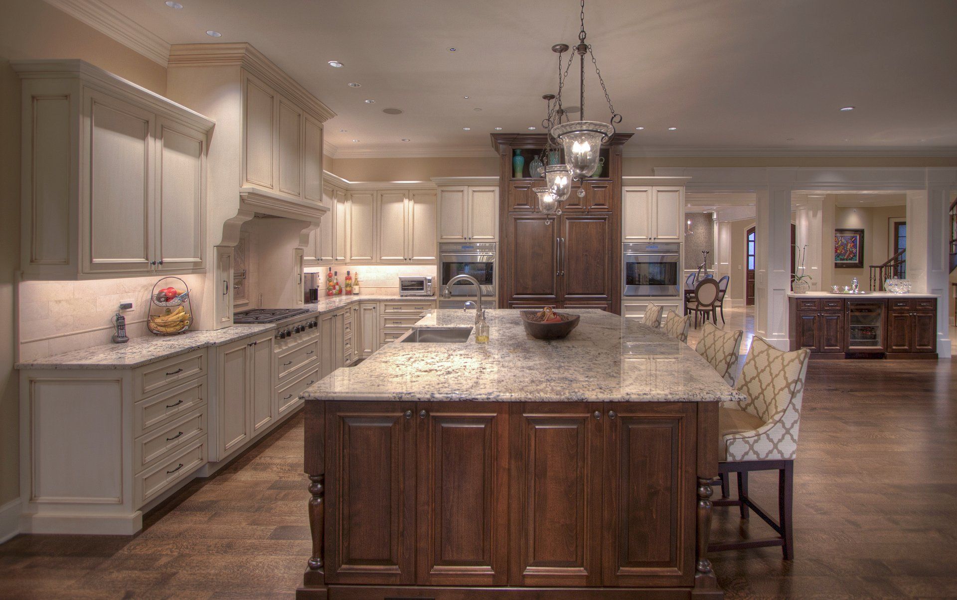There is a large island in the middle of the kitchen.