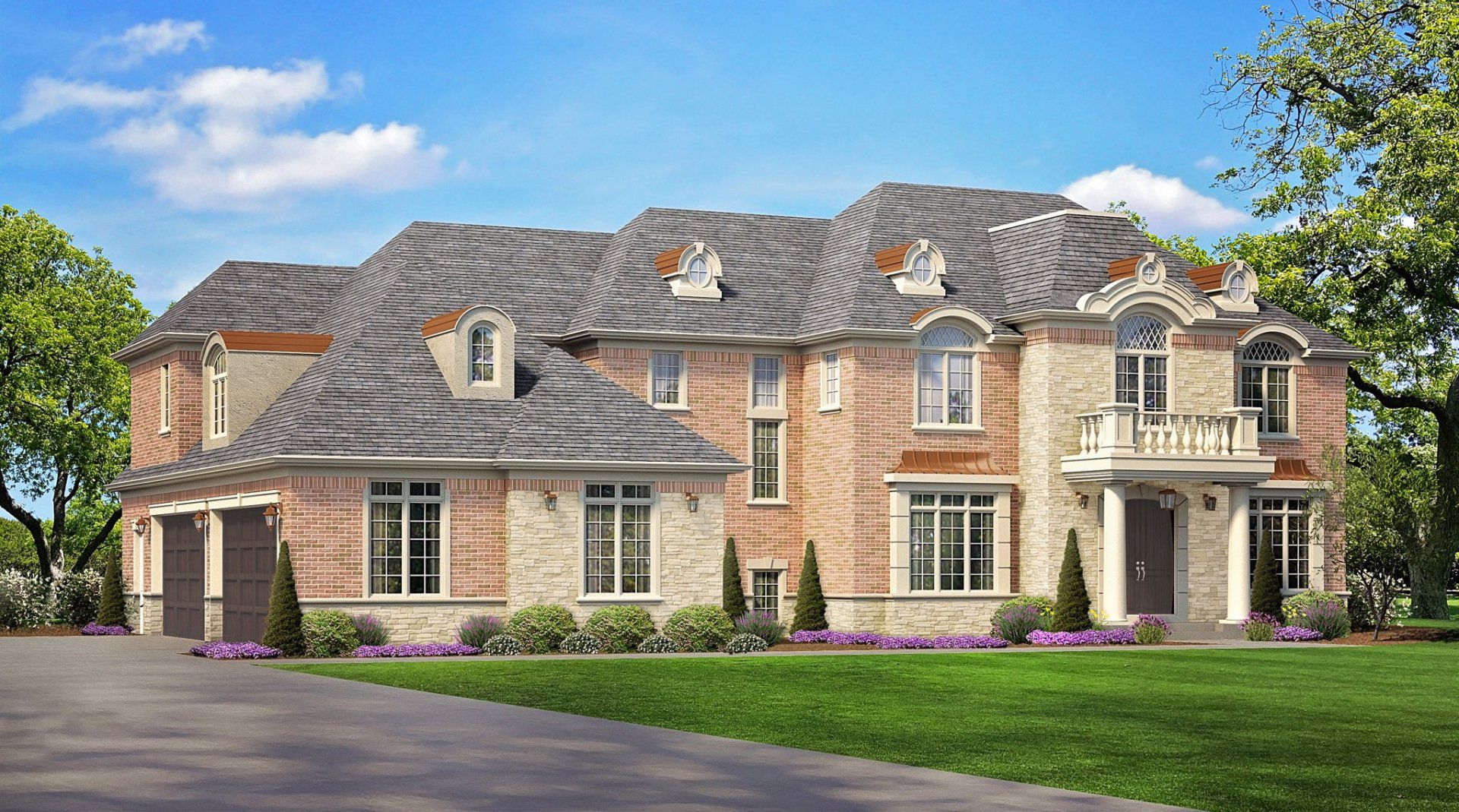 An artist 's impression of a large brick house with a gray roof.
