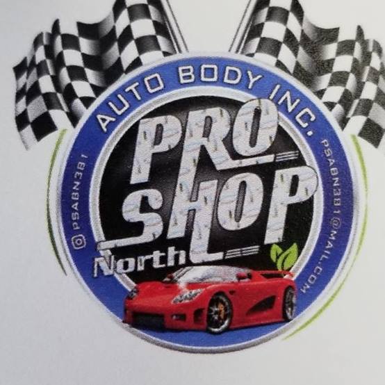 Logo for Pro Shop Auto Body Inc. North, with a red car and checkered flags.