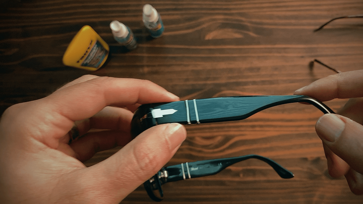 Image of Persol glasses after cleaning and polishing to a shine.