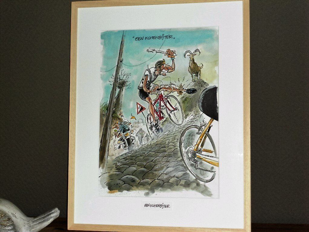 Een kuitenbijter tijdens De Ronde Van Vlaanderen kunstig uitgebeeld.
