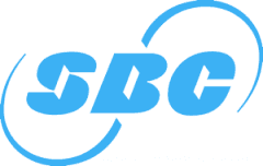 Blue SBG logo with stylized letters and swooshing circular arcs
