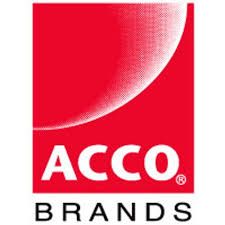 ACCO Brands logo: white text on red background with curved red-and-white graphic.