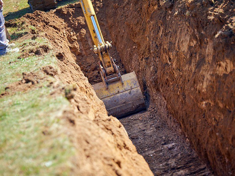 Excavator digging a trench in brown earth, with a grassy area in the background.
