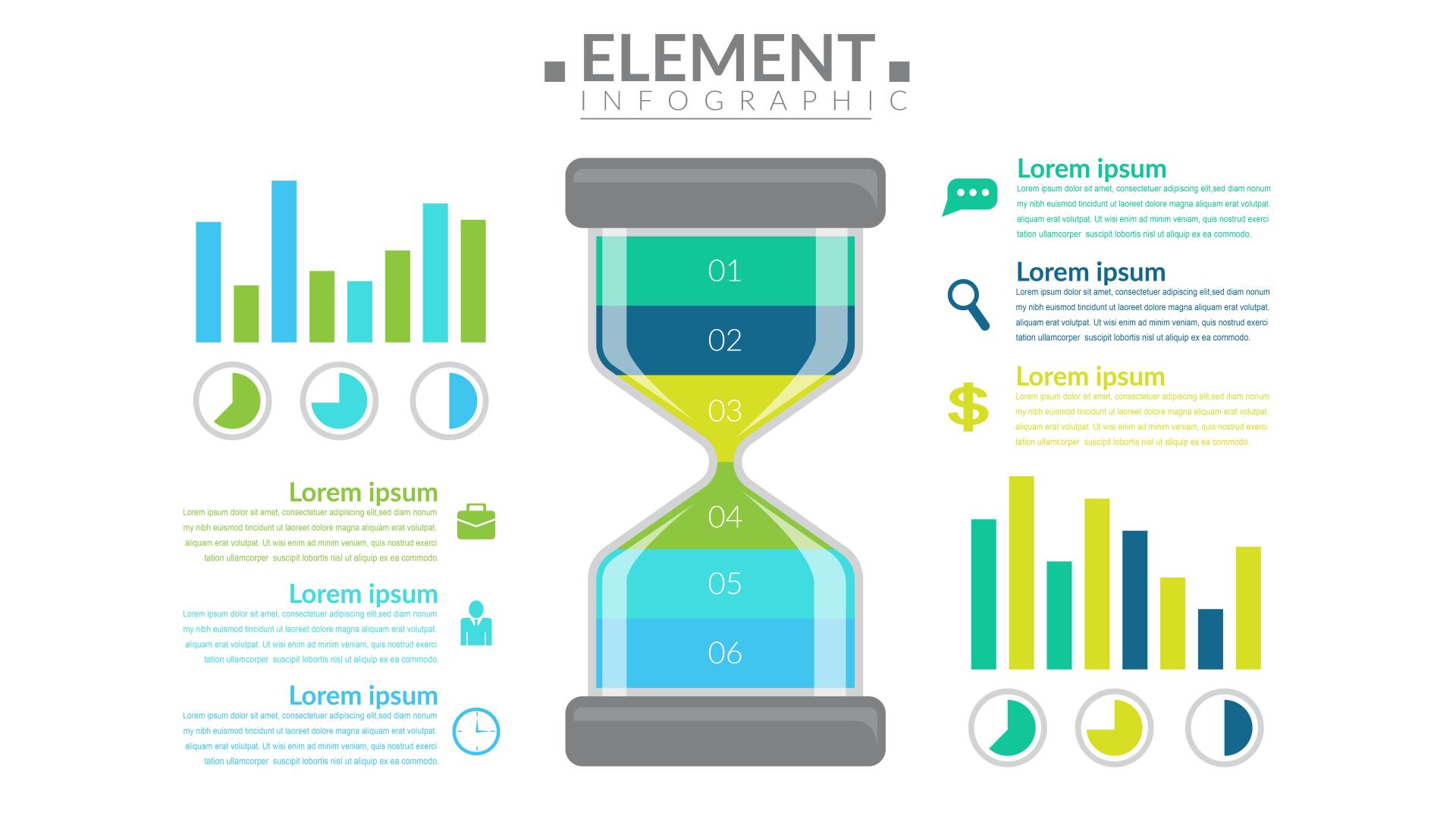 A colorful hourglass with graphs and icons on a white background.
