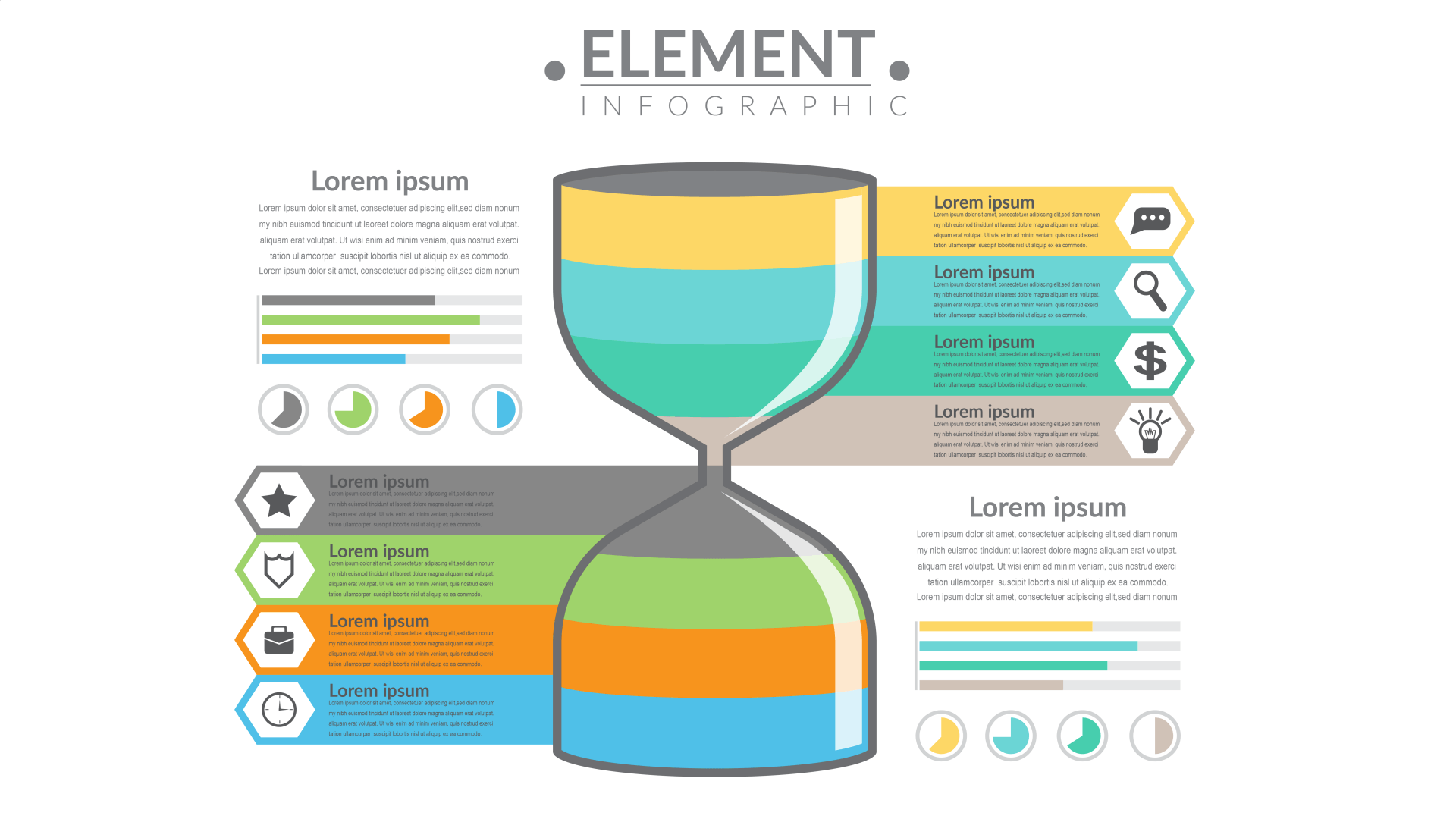 A colorful hourglass with a lot of information on it.