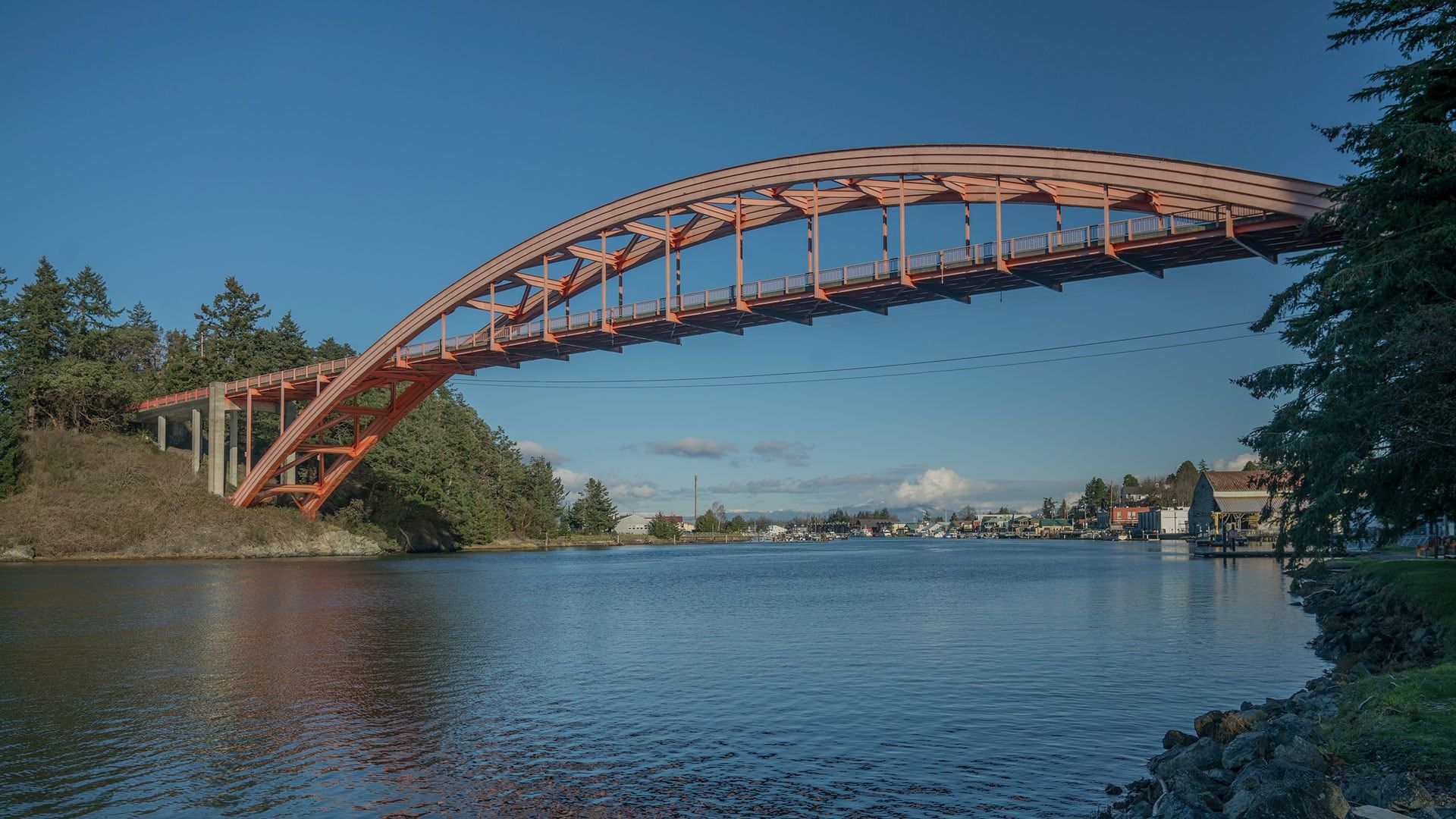 A bridge over a body of water with trees in the background