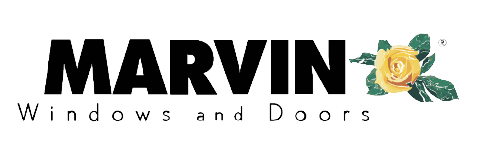 The logo for marvin windows and doors has a yellow rose on it.