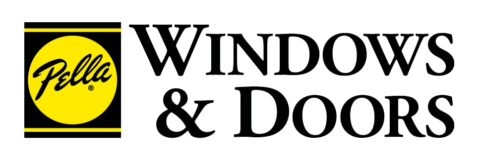 The logo for pella windows and doors is yellow and black.