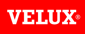 The velux logo is on a red background