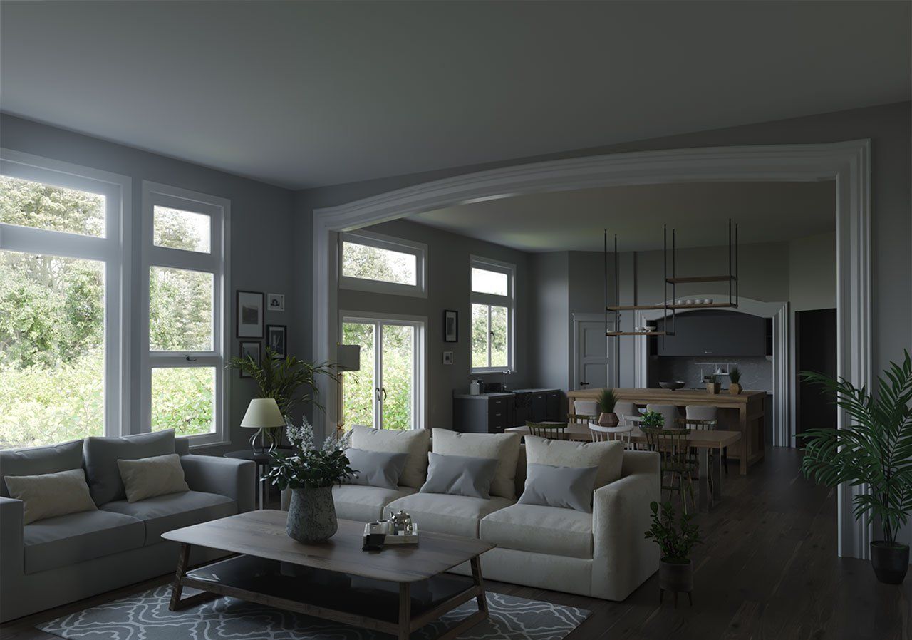 A living room filled with furniture and a coffee table.