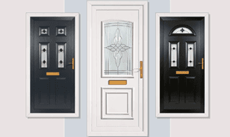 Three front doors displayed side by side: two black doors and one white glass-paneled door