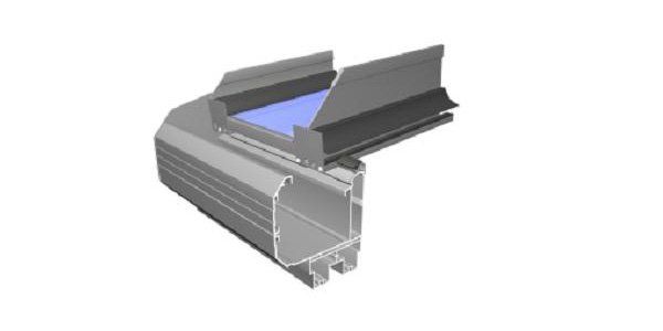 3D rendering of a gray metal window or door frame cross-section with a blue glass inset