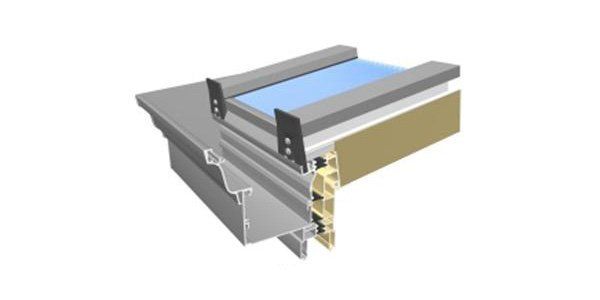 Cutaway of a metal roof skylight flashing assembly with blue glazing and beige insulation panel