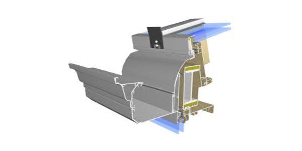 Cutaway of a gray window frame with blue and gold insulation layers, showing internal cross-section