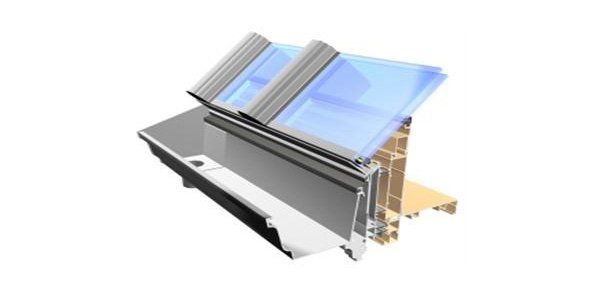 3D render of a skylight window assembly with blue glass panels and metal frame