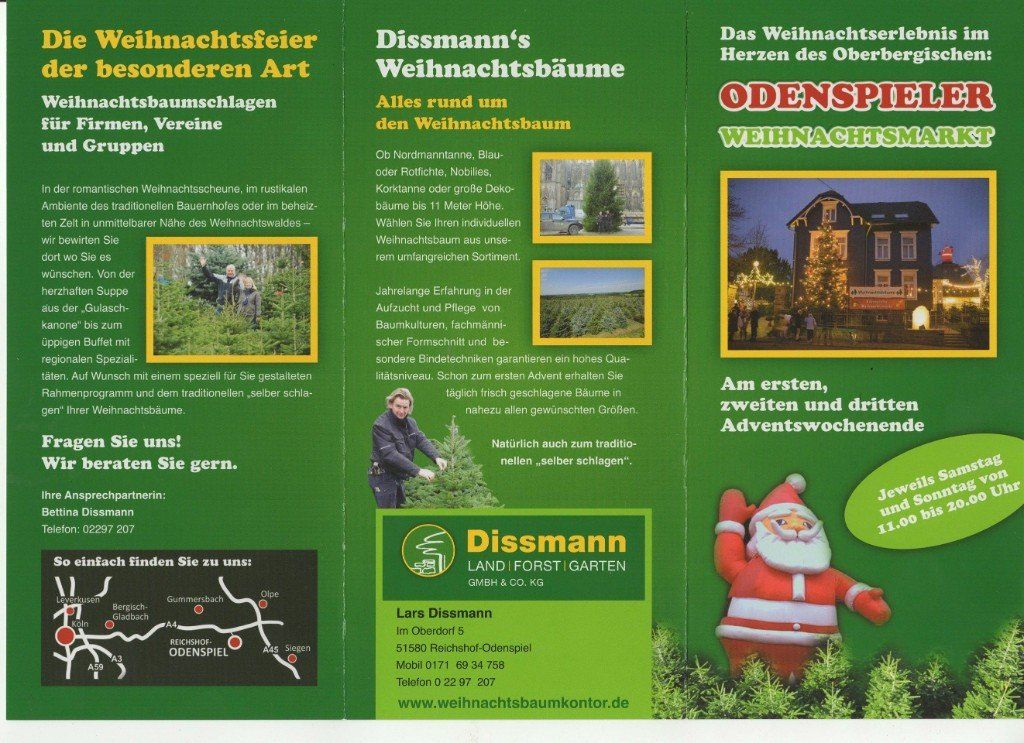 Eine Broschüre für Dissmanns Weihnachtsbäume hat ein Bild vom Weihnachtsmann darauf