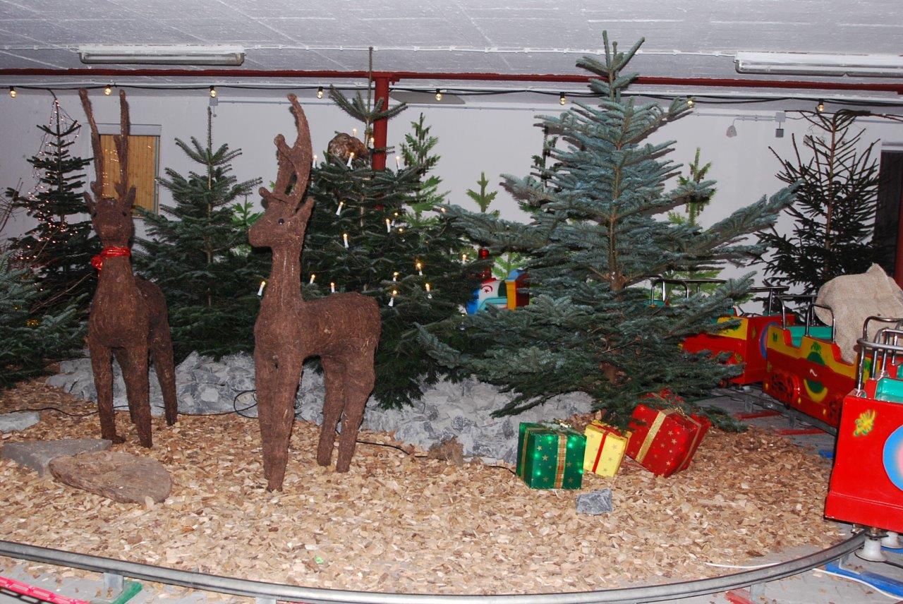 Ein paar Rentiere stehen vor einem Weihnachtsbaum