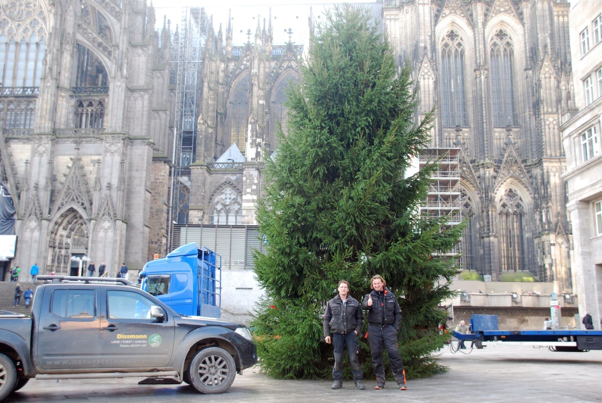 Zwei Männer stehen vor einem großen Weihnachtsbaum