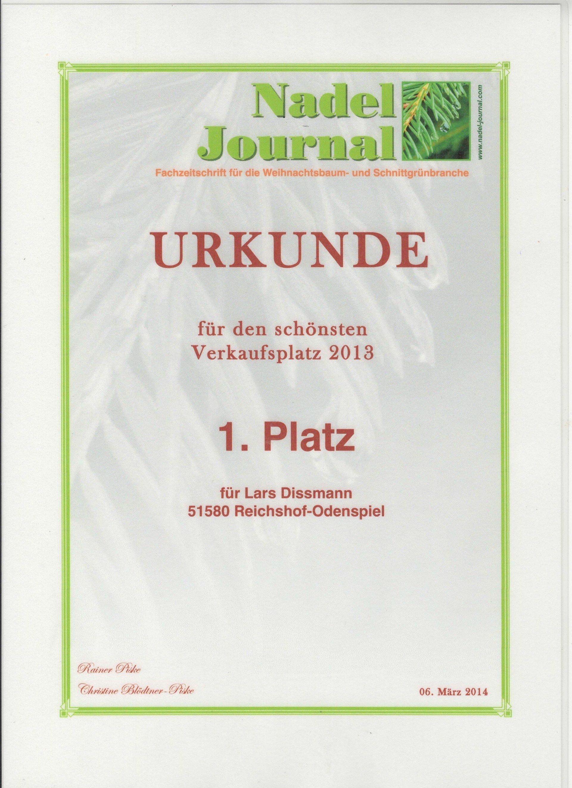 Urkunde für den schönsten Verkaufsplatz 2013