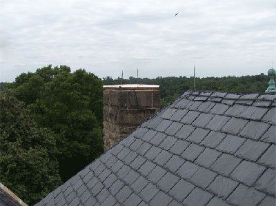 Slate roof with chimney and trees in the background on an overcast day.