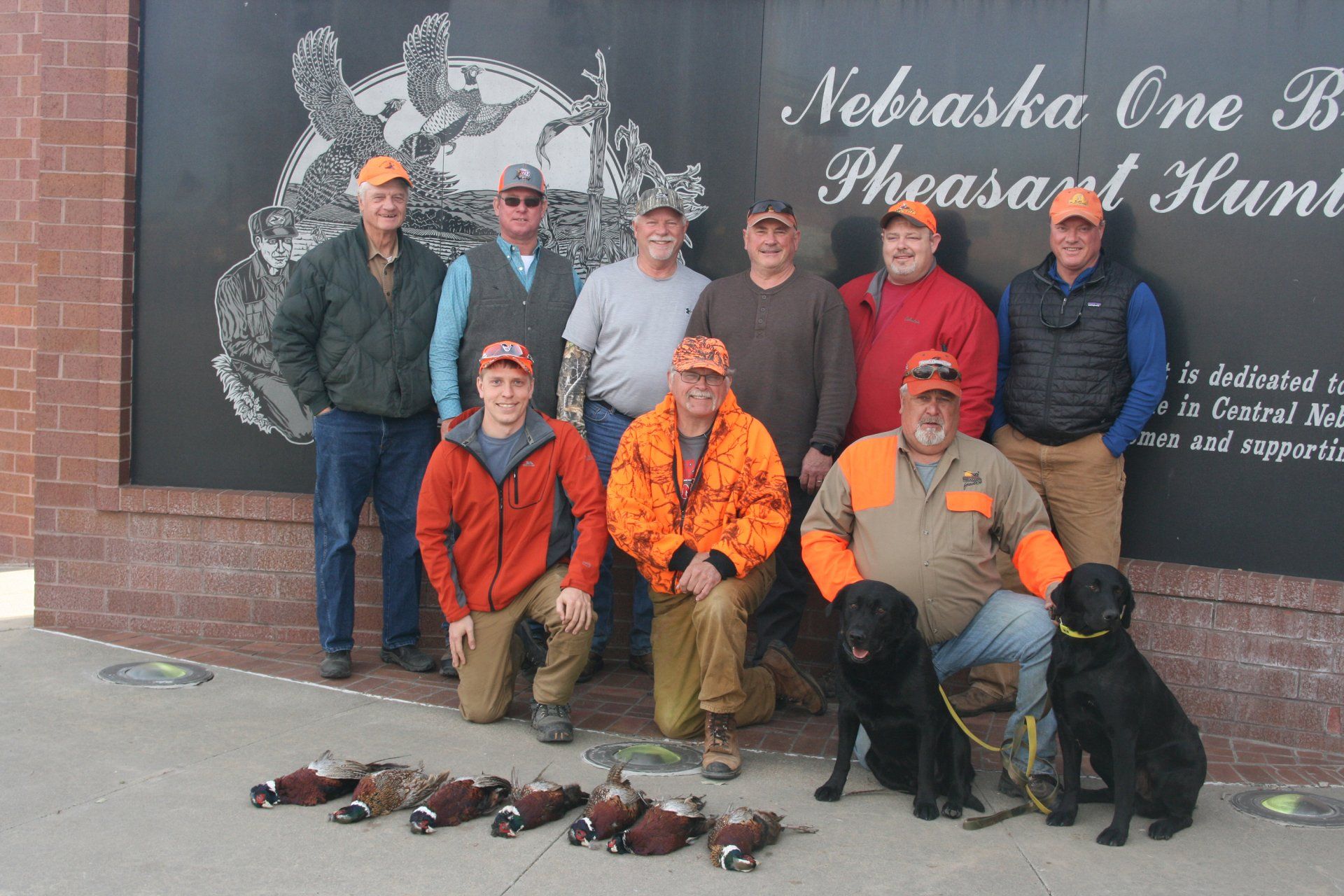 Group of pheasant hunters posing with dogs and game in front of a sign. Mostly men, some wearing orange vests.