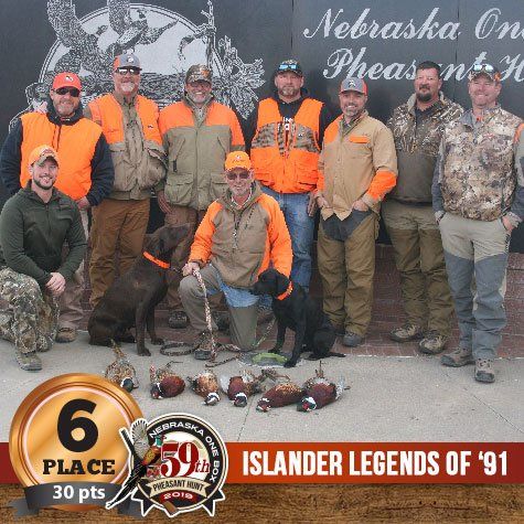 A group of men in hunting attire with dogs and harvested pheasants, celebrating a 6th-place win in Nebraska.
