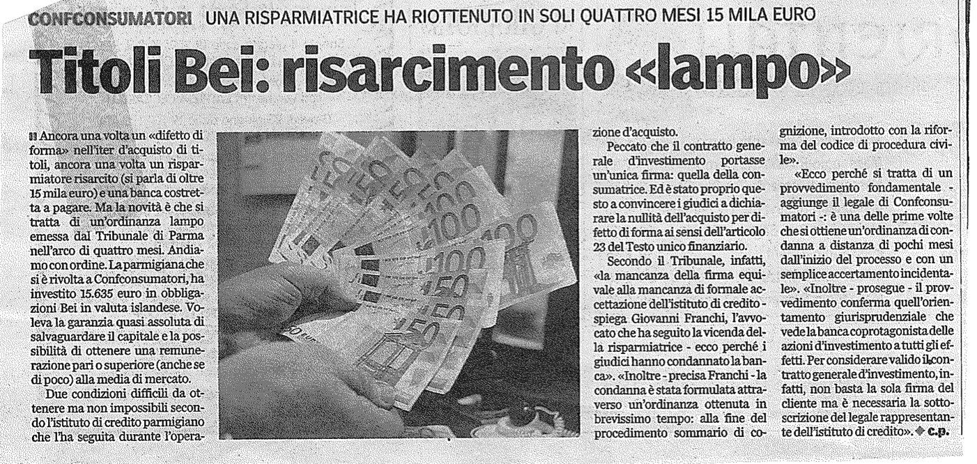 TITOLI BEI: RISARCIMENTO 