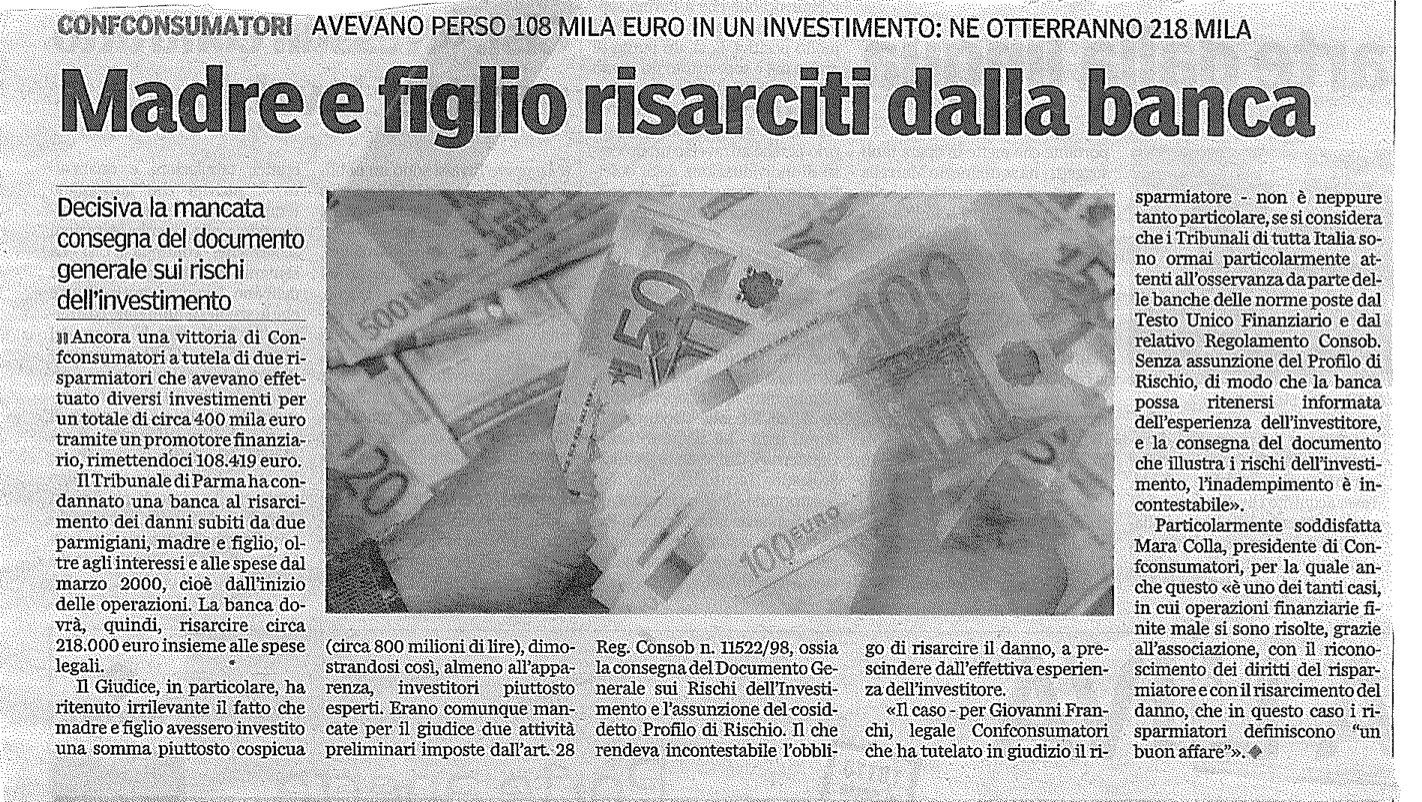 MADRE E FIGLIO RISARCITI DALLA BANCA