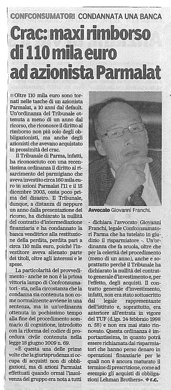 CRAC: MAXI RIMBORSO DI 110 MILA EURO AD AZIONISTA PARMALAT