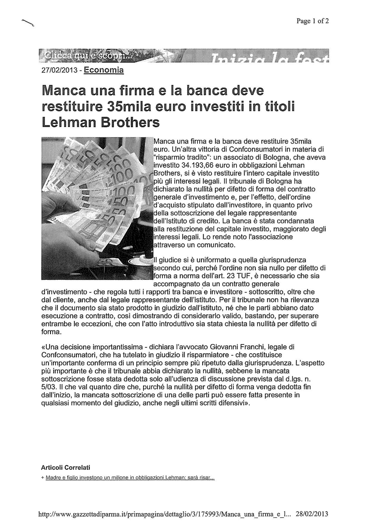 MANCA UNA FIRMA E LA BANCA DEVE RESTITUIRE 35 MILA EURO INVESTITI IN TITOLI LEHMAN BROTHERS