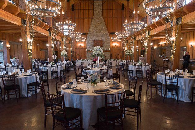 a large room with tables and chairs set up for a wedding reception .