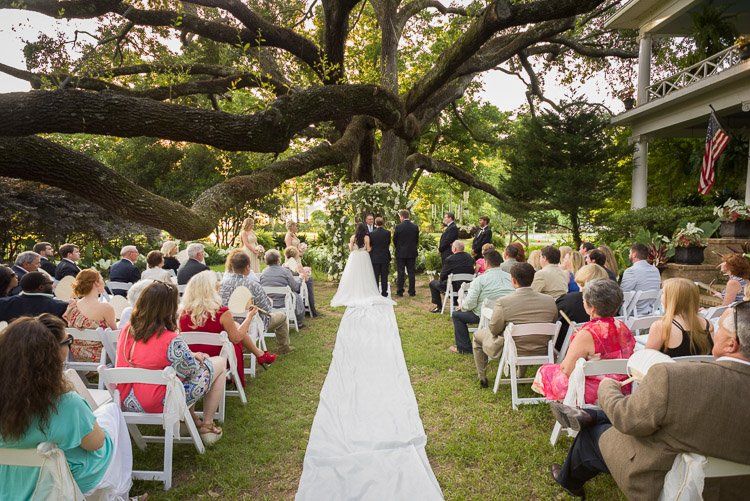 a bride and groom are getting married under a tree