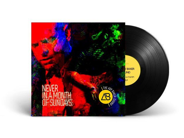 A black vinyl record with a colorful cover that says never in a month of sundays