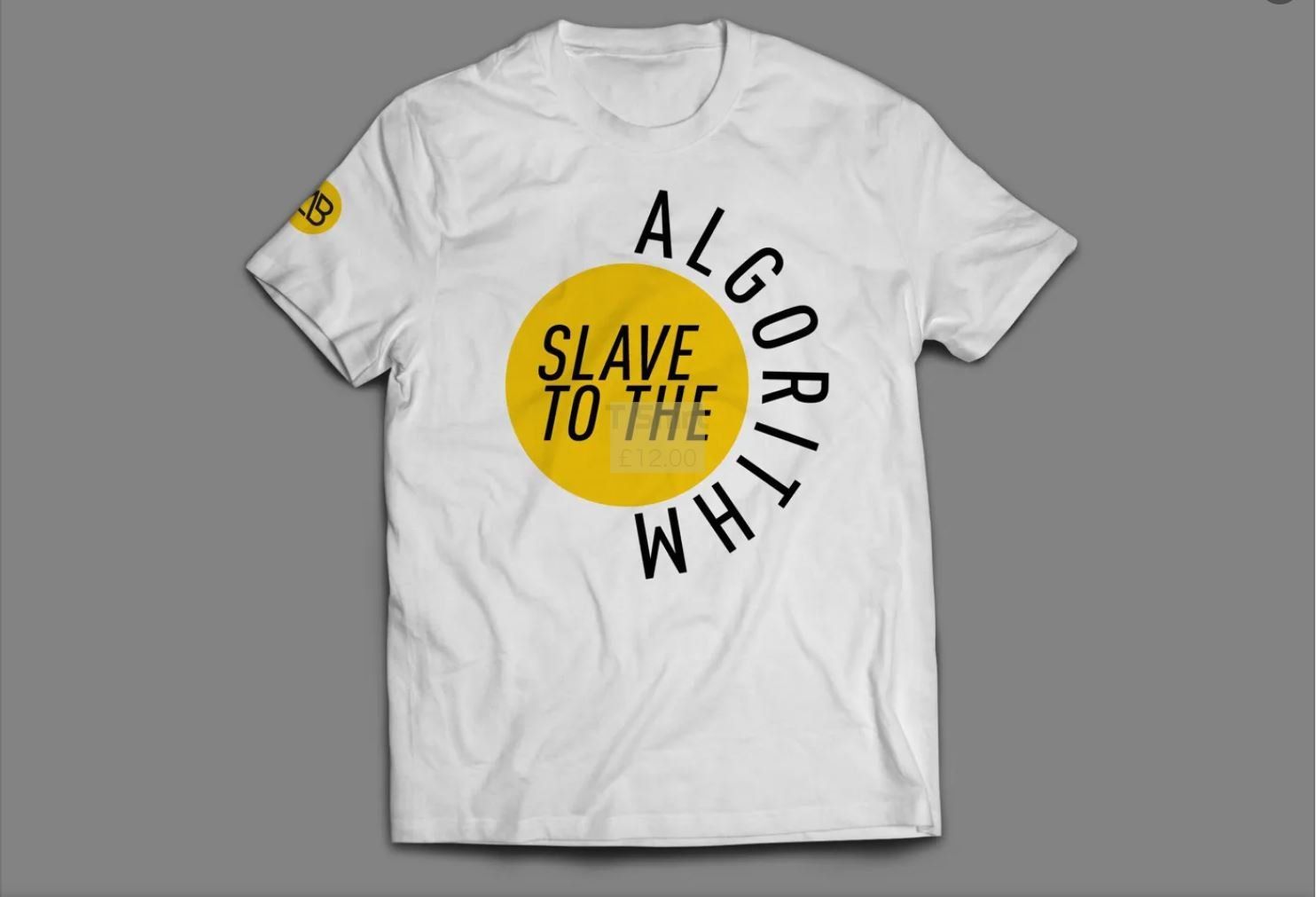 A white t-shirt that says algorithm on it