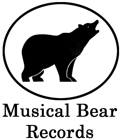 A black and white logo for musical bear records with a silhouette of a bear in a circle.