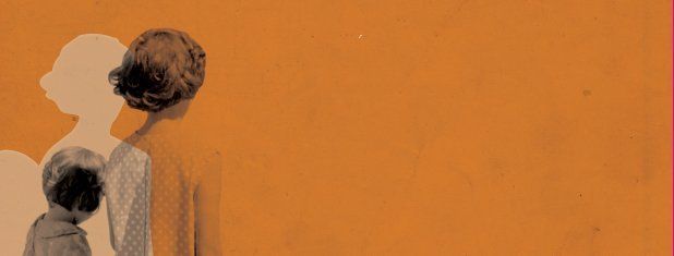 A woman is standing next to a child on a orange background.