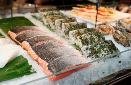 Fish steaks on market display - Meat Market in Denver, CO