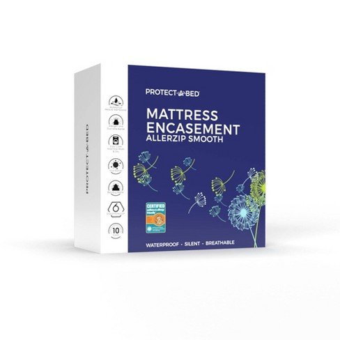 Box of Protect-A-Bed mattress encasement in white and blue, with product info and dandelion design.