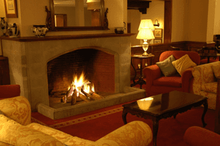  An open wood-burning fireplace in a sumptuous living room