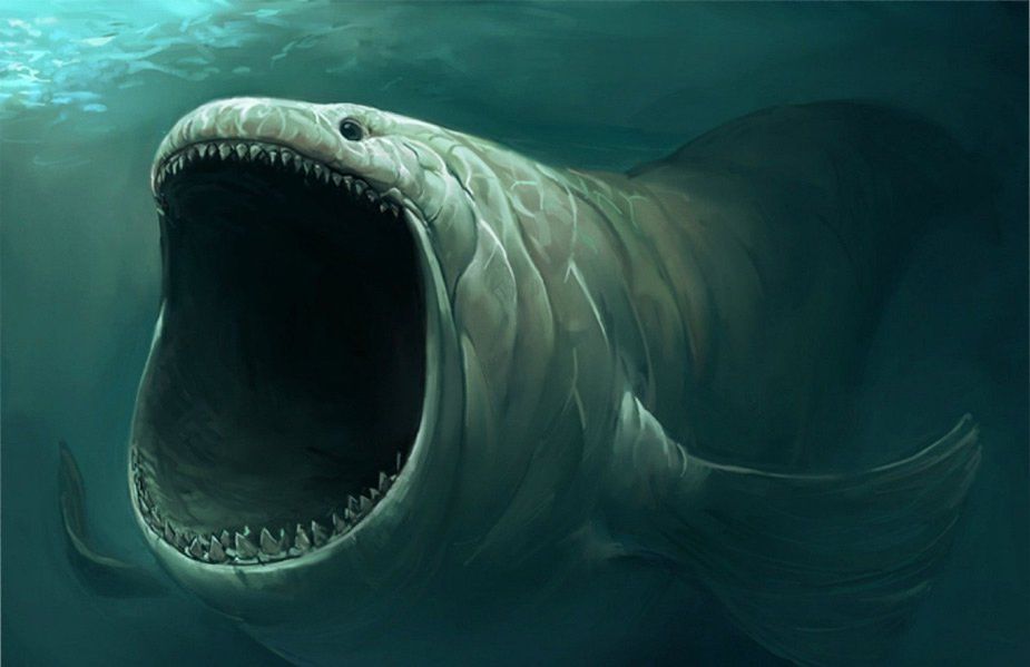 A large sea serpent with an open mouth displaying sharp teeth swimming underwater.