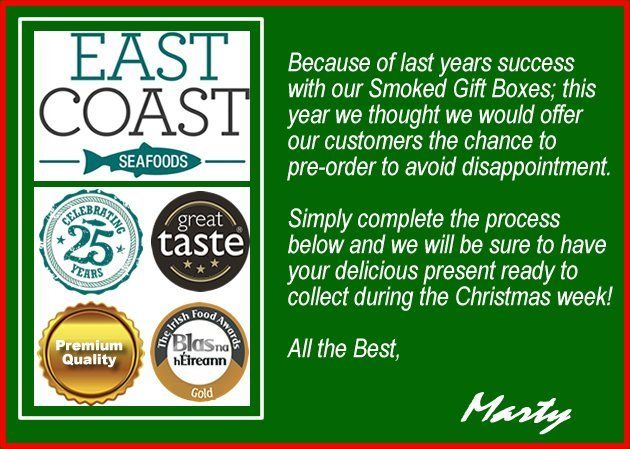 Advertisement for East Coast Seafoods smoked gift boxes. Text details pre-ordering for Christmas.