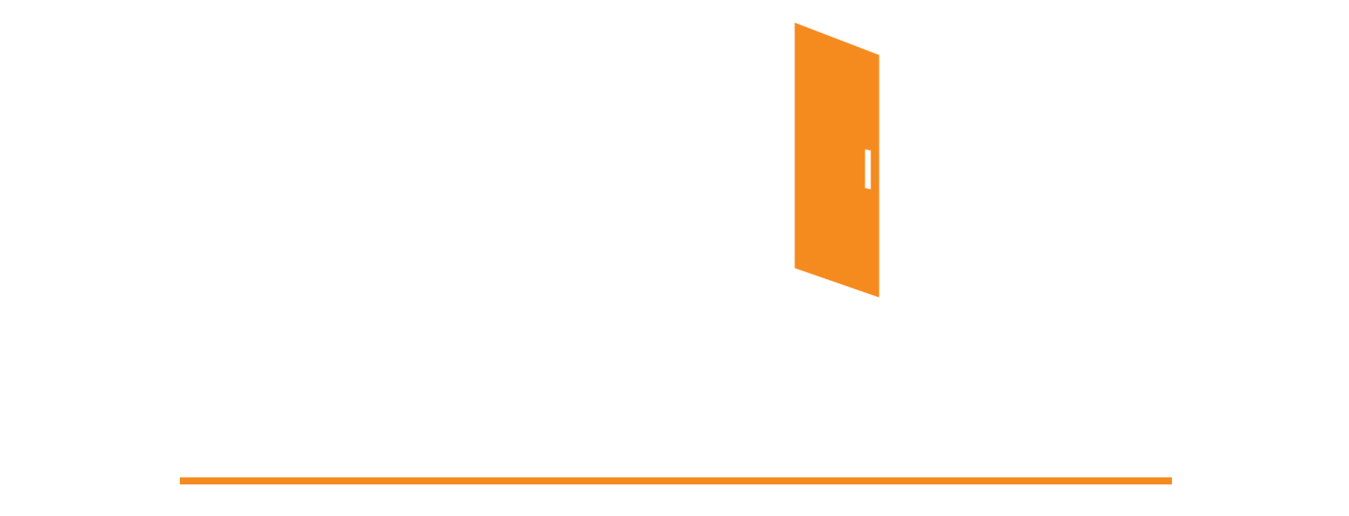 An orange door is open on a white background.