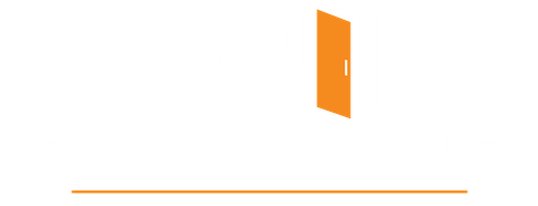 An orange door is open on a white background.