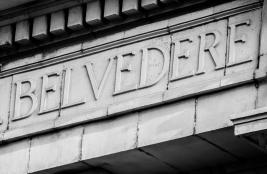 A black and white photo of a sign that says belvedere