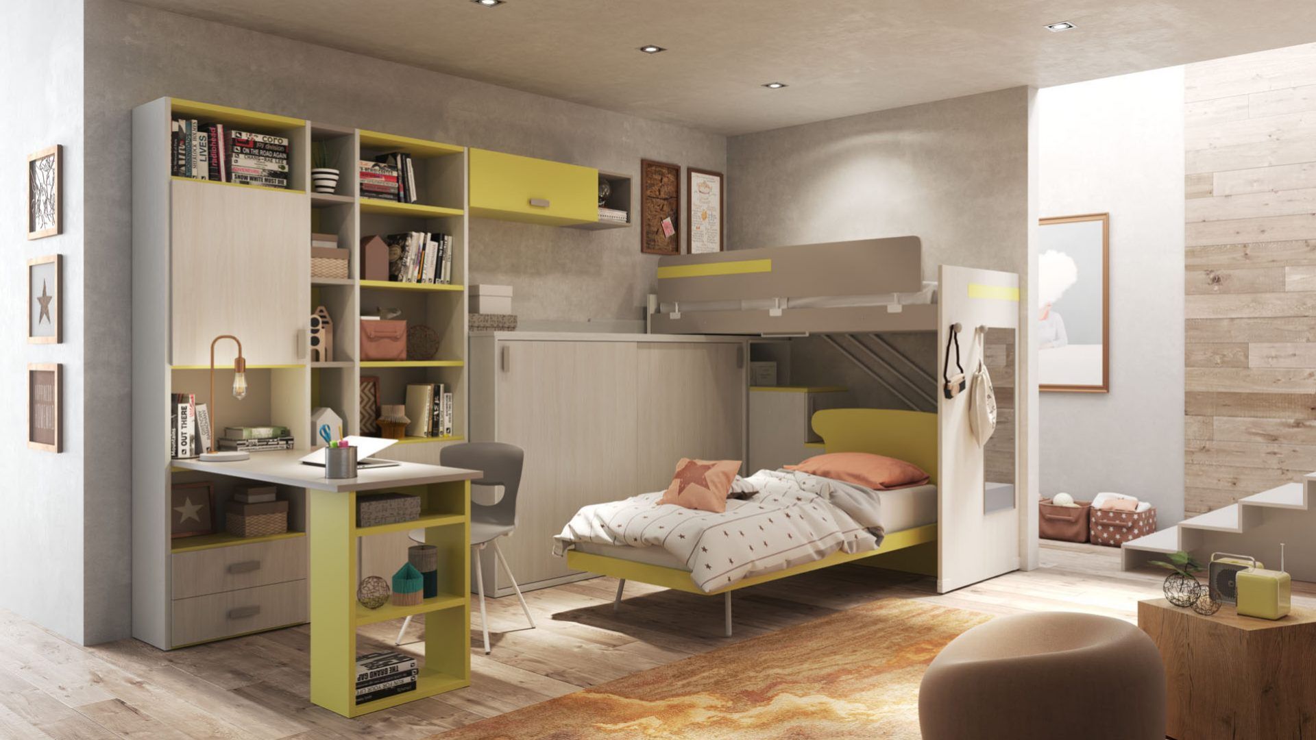 cameretta con letto a castello e arredi verde lime