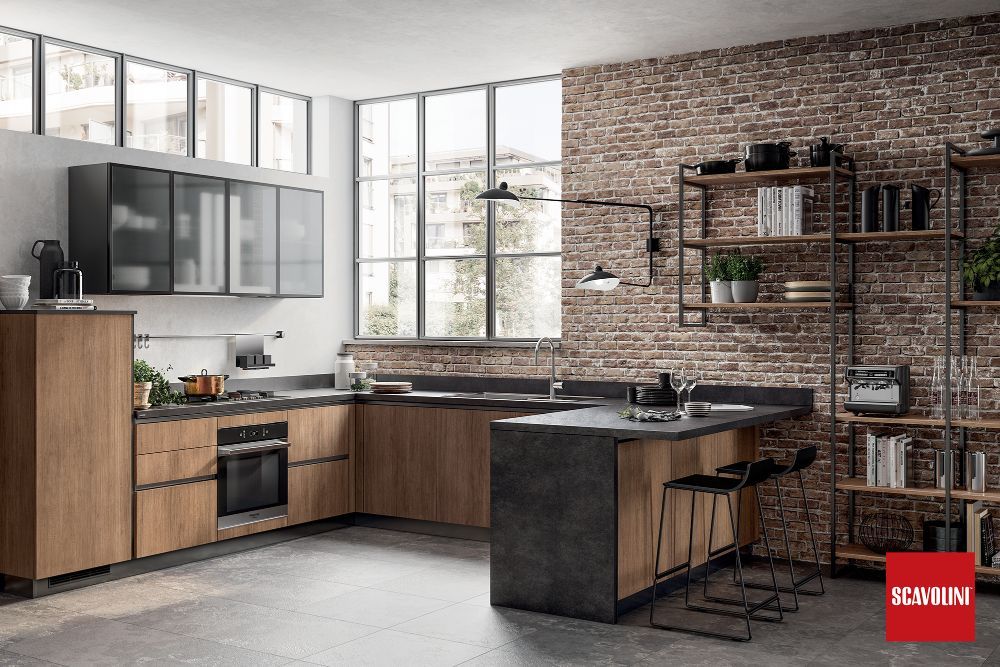 cucina in stile industriale con parete in mattoncini