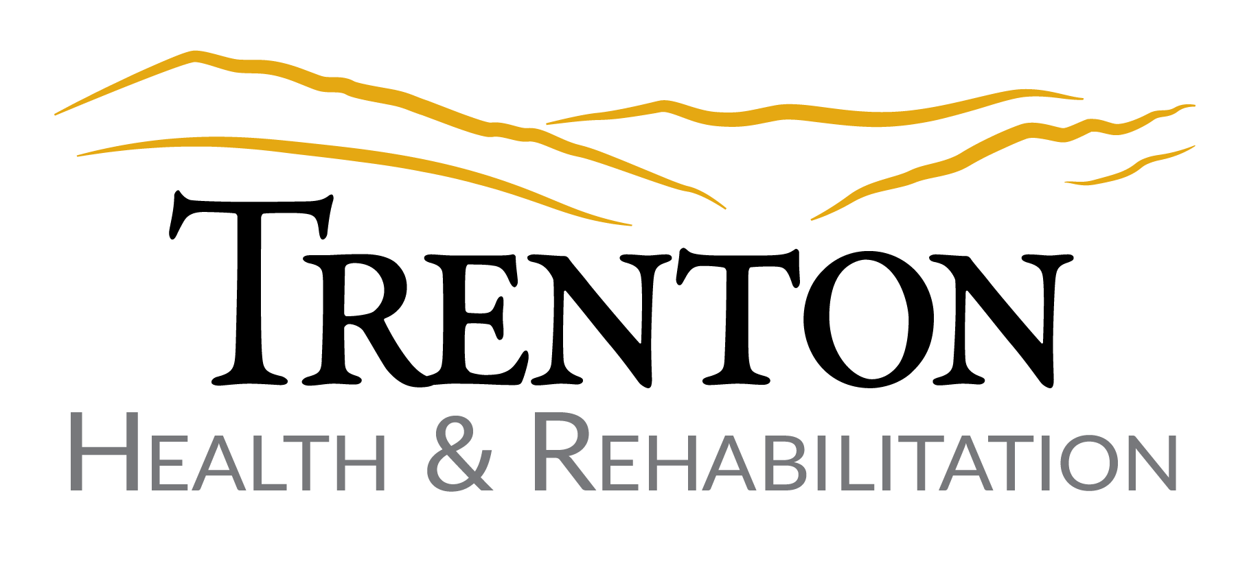 A logo for trenton health and rehabilitation with a mountain in the background