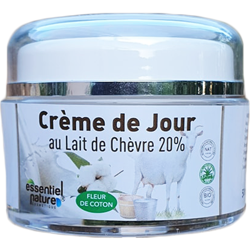 Crème de jour avec 20% de lait de chèvre bio + Aloe Vera bio. Soin du visage hydratant délicatement parfumé fleur de coton